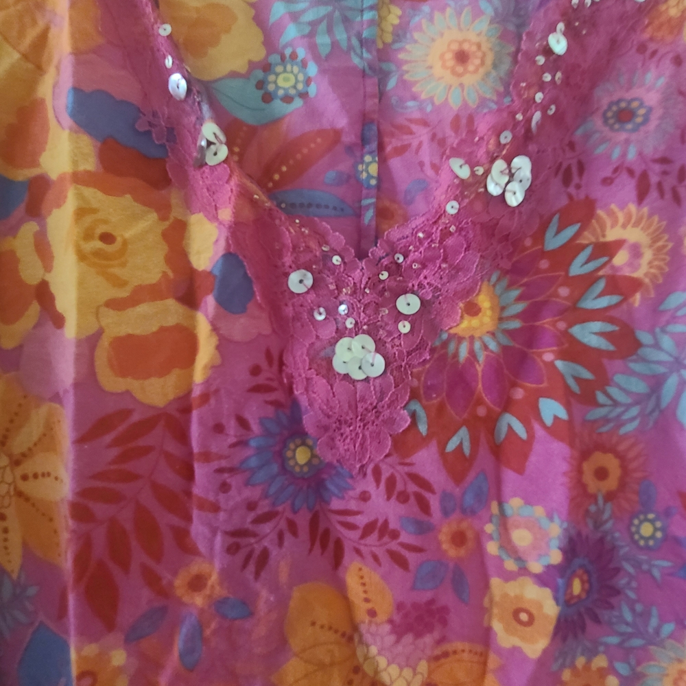 Sigrid Olsen Pink and Orange Floral Sequin V-Neck Blouse - Picture 4 of 7